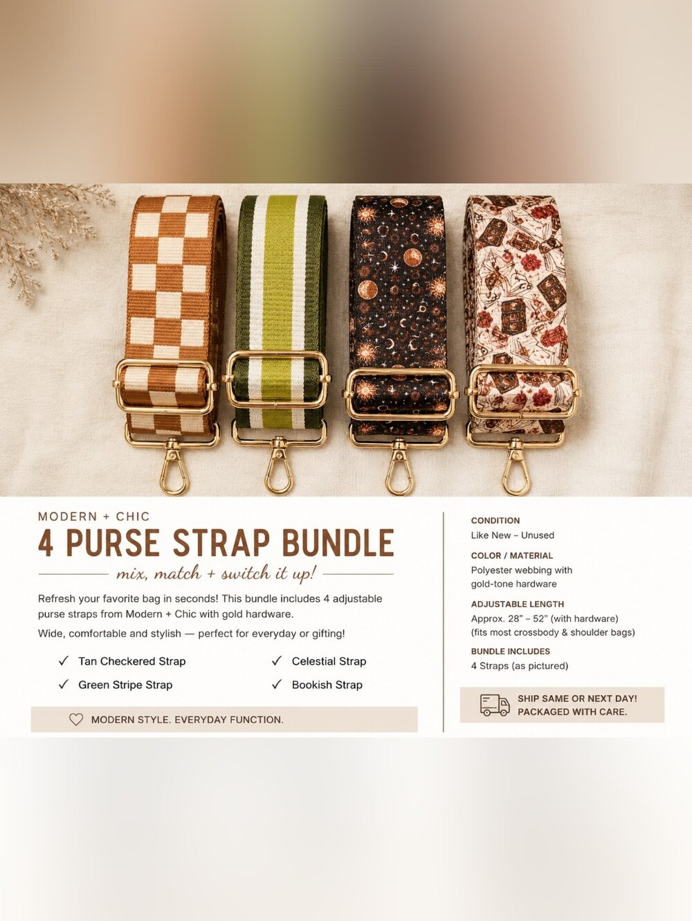 Modern + Chic Purse Strap Bundle: Bookish, Celestial, Checkered, Green Stripe